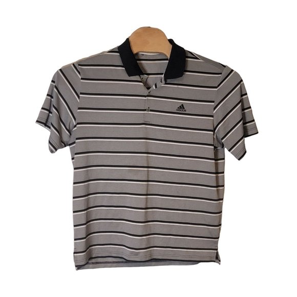 Adidas Polo Golf Shirt‎ Moisture Wicking Gray Black Striped Size Men's Large - Picture 2 of 6